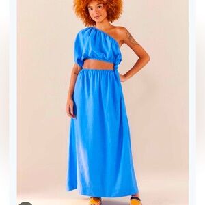 Farm Rio One-Shoulder Cut Out Blue Midi Dress - Size Small